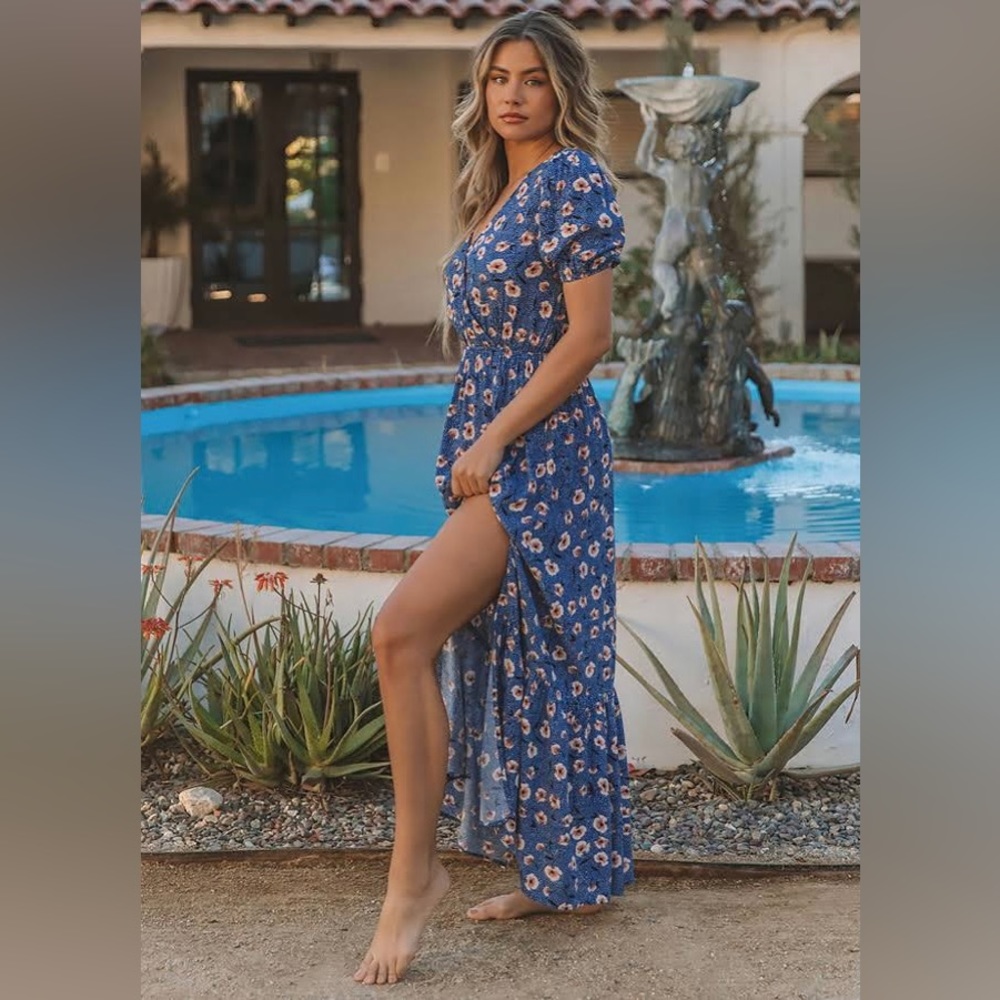 NWT Lovestitch Henrietta Maxi Dress Navy Cream Floral Retro Puff Sleeve Size L